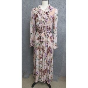 Janse Dress Womens XS Beige Floral Ruffle Maxi Boho Long Sleeve Tie Waist V Neck